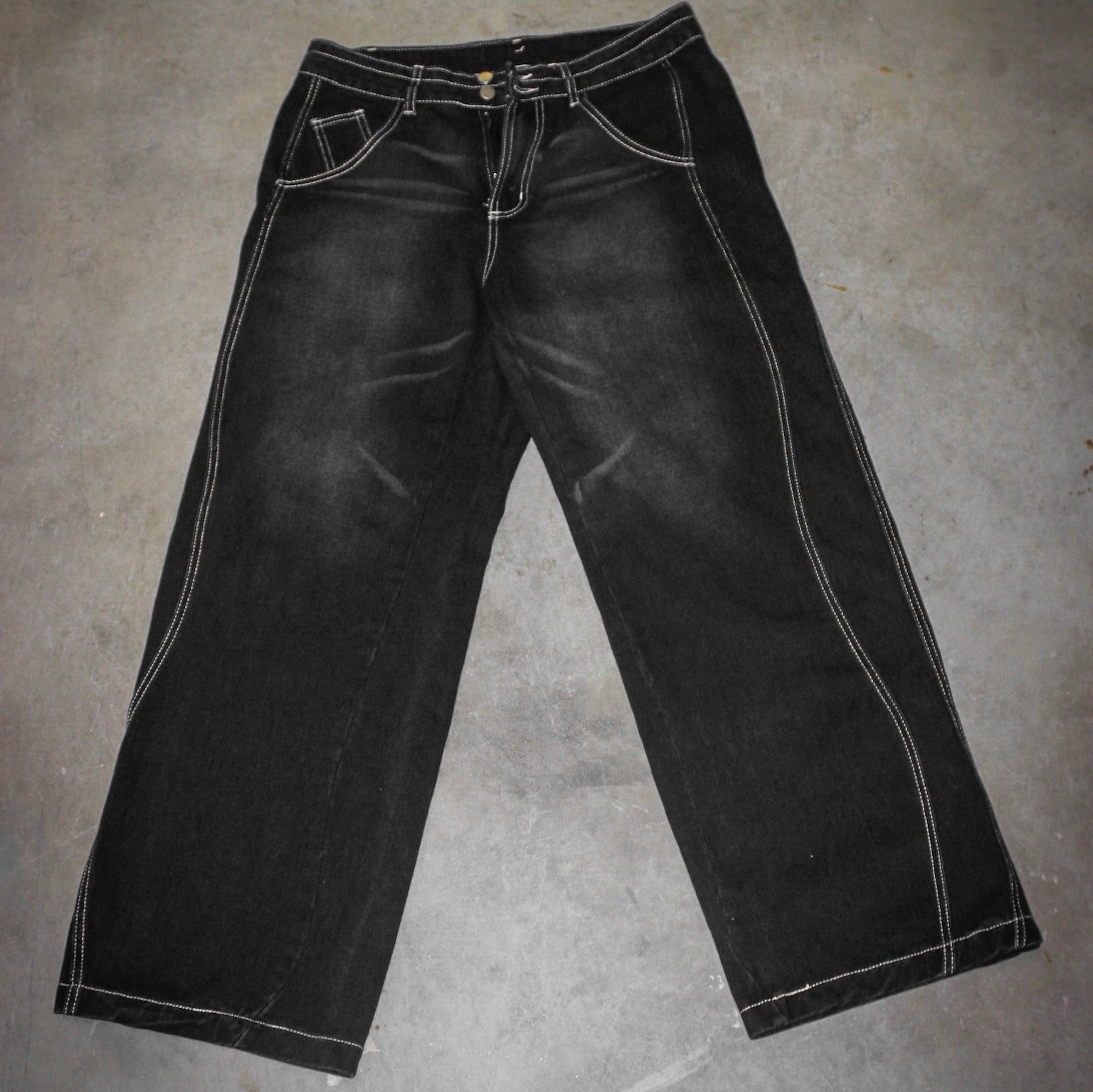 Black Baggy Denim Pants White Stitched