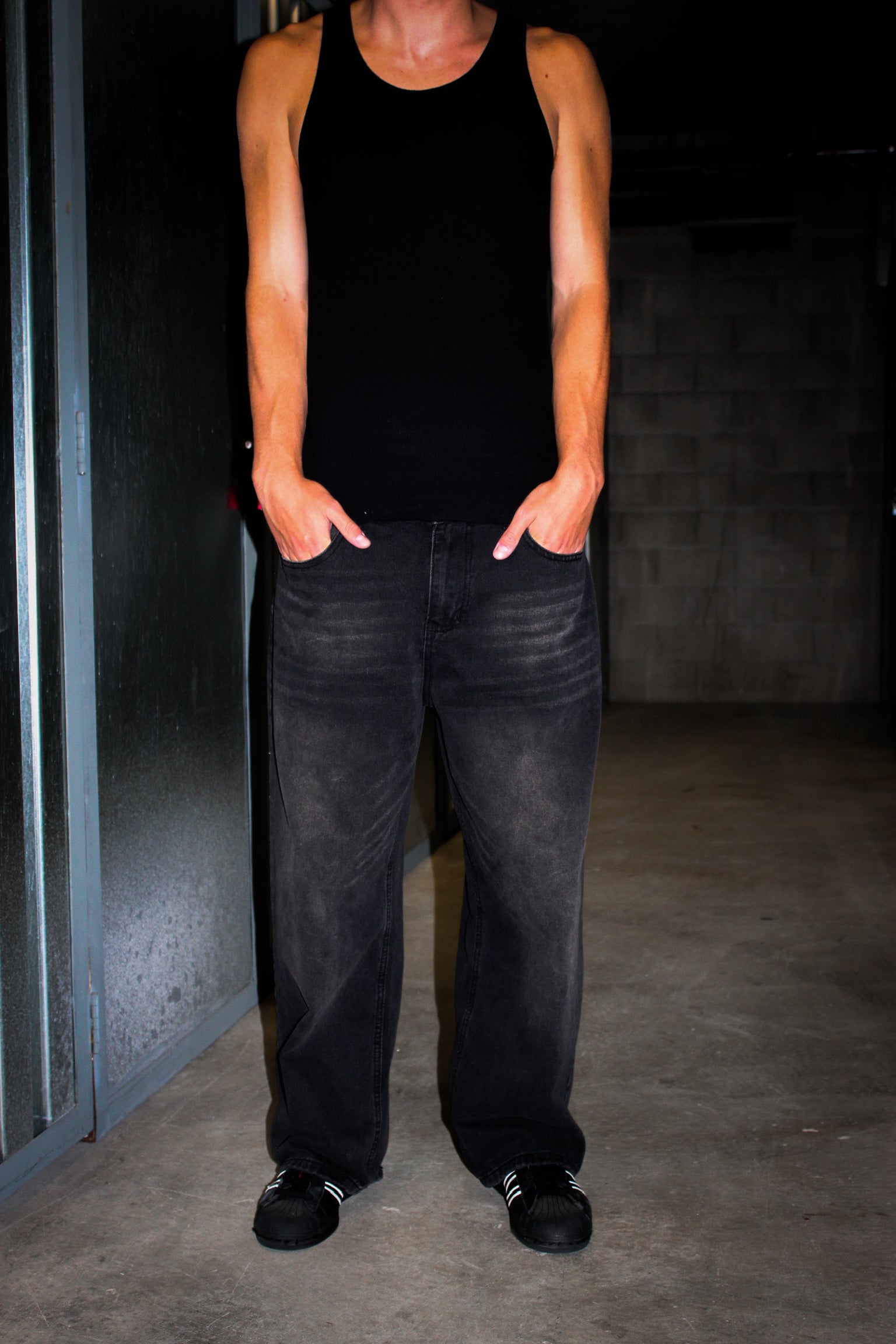 Black Baggy Light Acid Washed Denim Pants